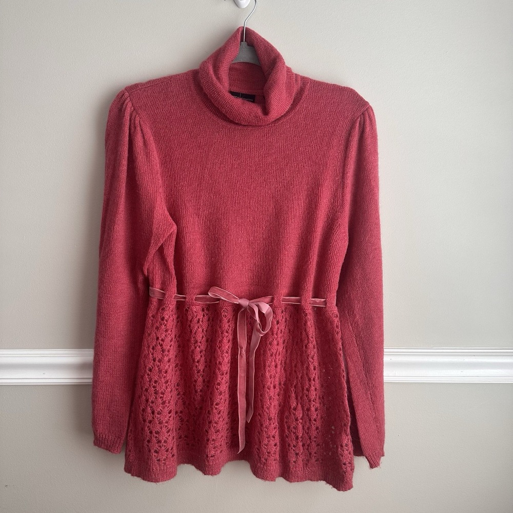 Vtg Moda International Pink Mohair Sweater L Y2K Open Knit Velvet Belt Boho 90s